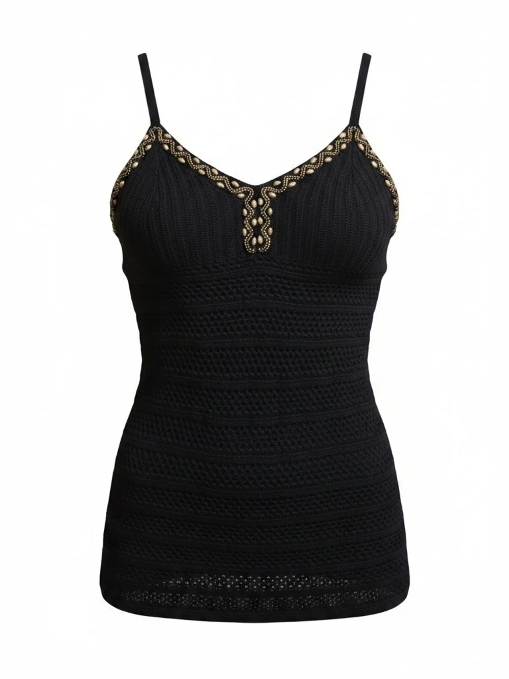 Black Crochet Spaghetti Strap Tank with Gold Trim